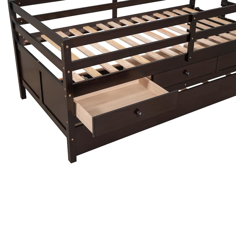 Solid Wood Low Bed with Full Safety Fence, Climbing ladder,Storage Drawers and Trundle