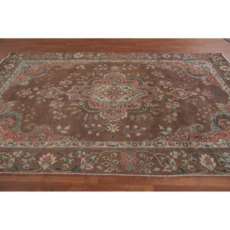 Hand Knotted Oriental 100% Wool Carpet Traditional Floral Brown Tabriz Area Rug - 9' 4'' X 5' 11''