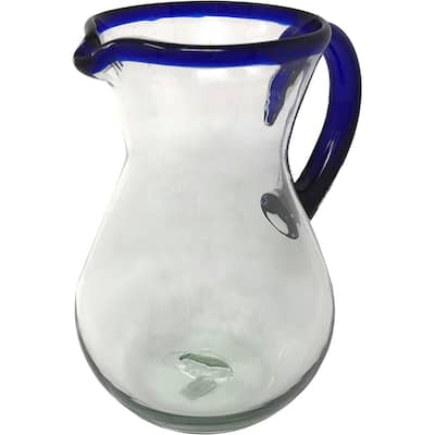 Dos Suenos Mexican Hand Blown Glass Pitcher - Cobalt Blue Rim and Handle (84 oz)
