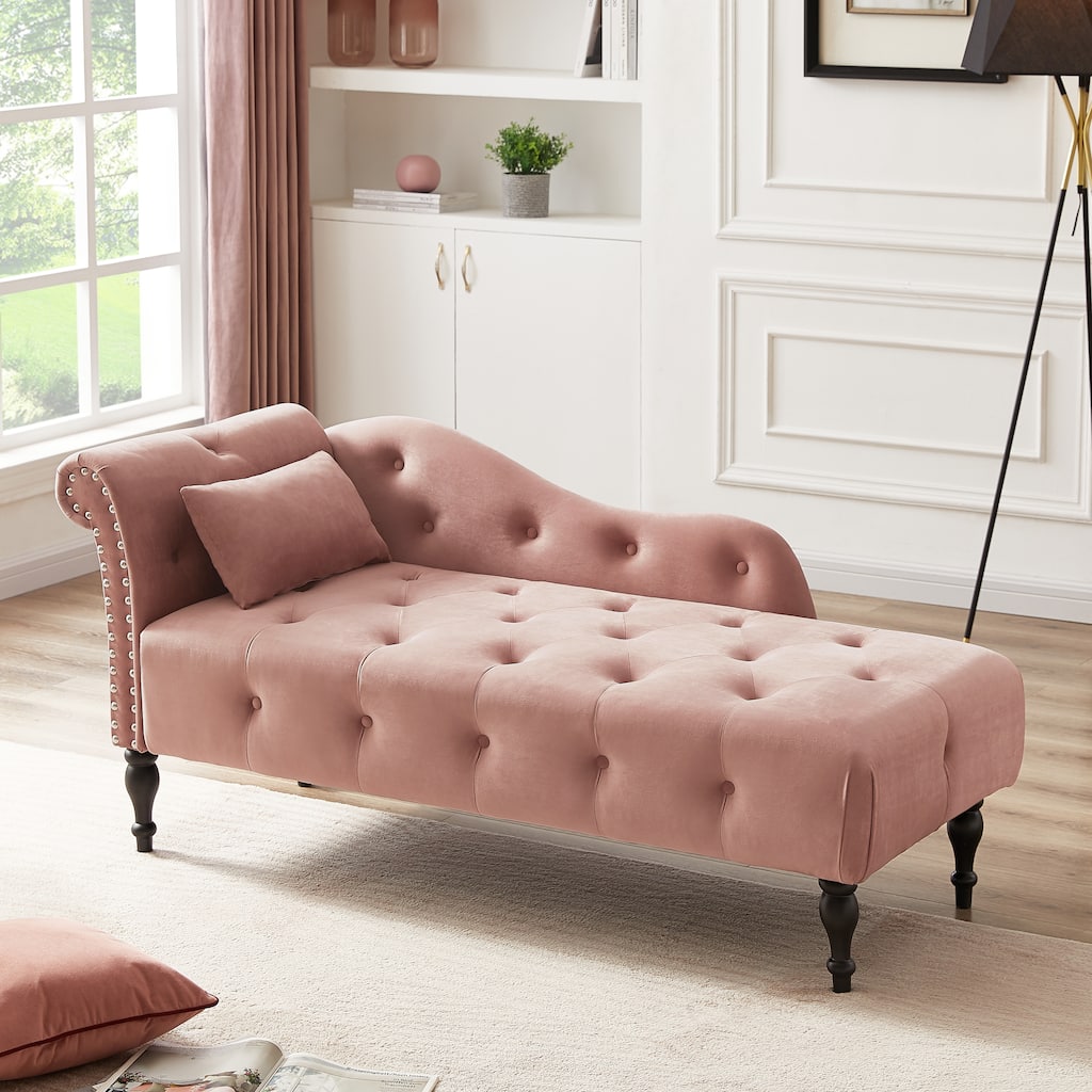 Rose Modern 60.6" Velvet Upholstered Buttons Tufted Chaise Lounge Chair with Solid Wood Legs and Nailheads
