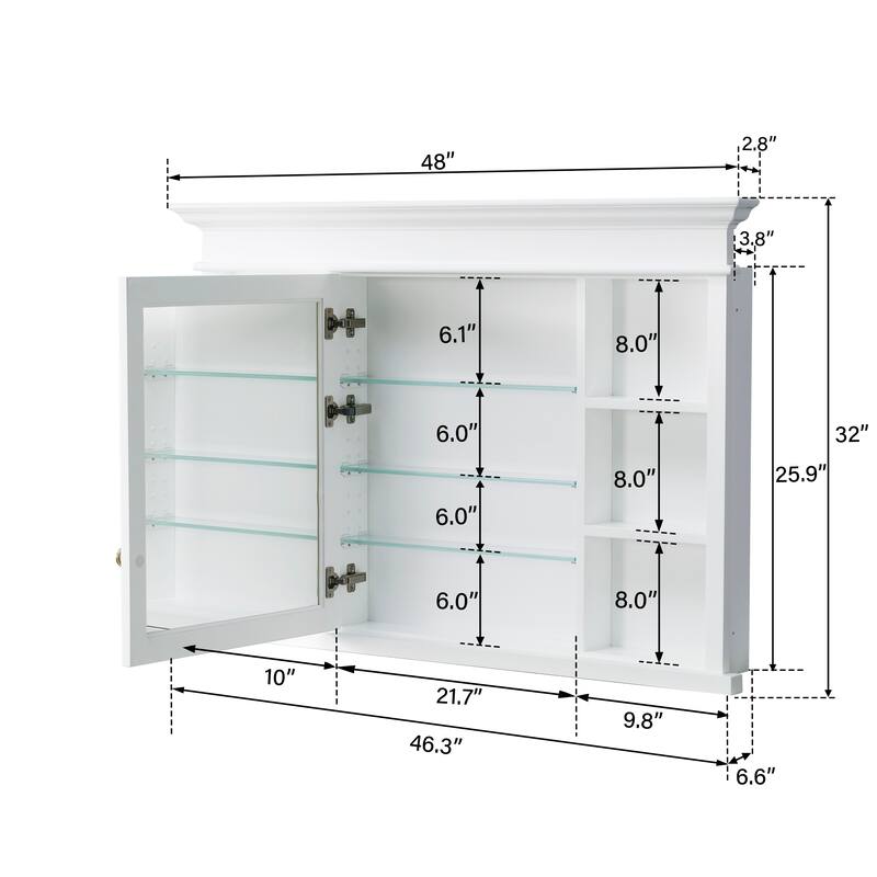 32''H Recessed Mount Solid Wood Framed Medicine Cabinet With Mirror And Shelves