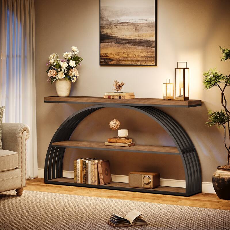 63 Inch Console Table for Entryway, 3 Tier Narrow Sofa Table with Arched Frame - 62.99" L x 11.81" W x 34.25" H