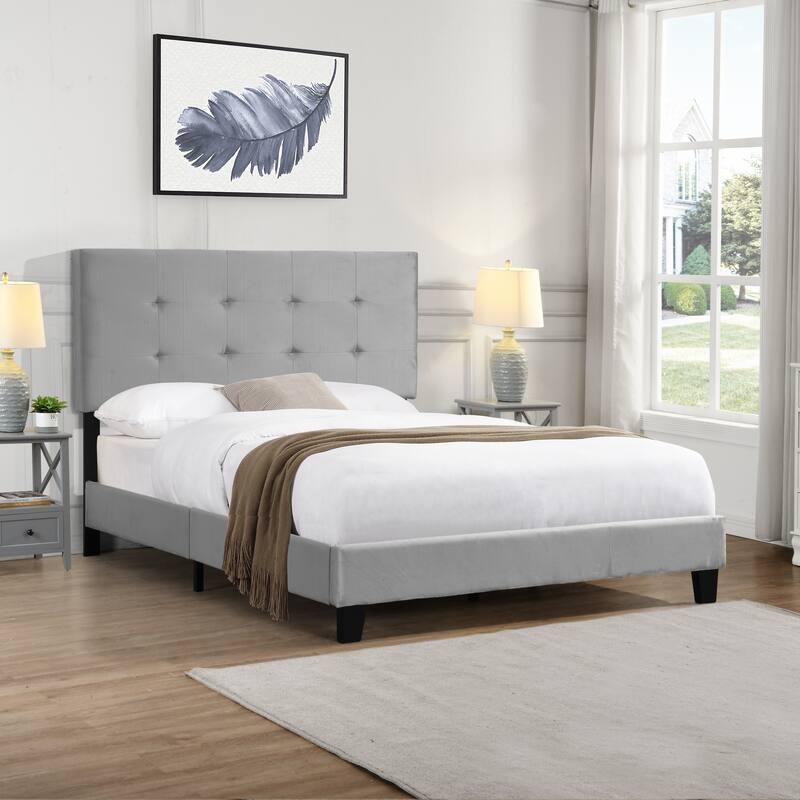 Full Size Upholstered Platform Bed Frame with Tufted Headboard, Strong Wood Slat Support, No Box Spring Needed, Easy Assembly - Gray