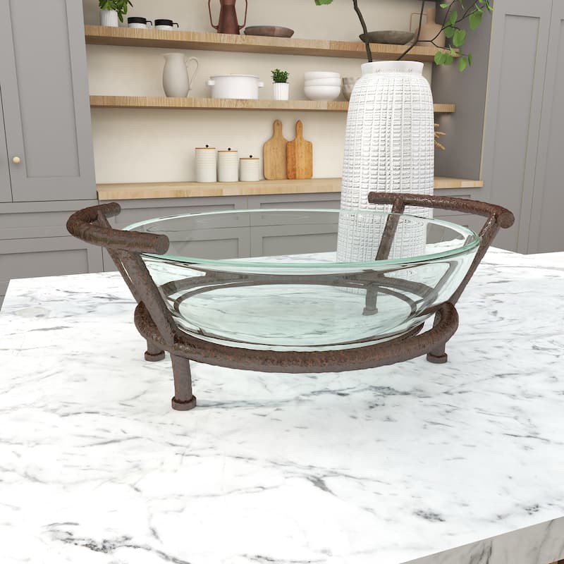 Tempered Glass Kitchen Serving Bowl with Brown Metal Base - Clear - Roche River Decor
