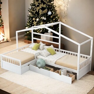 L-Shaped Twin Size White House Platform Bed with Three