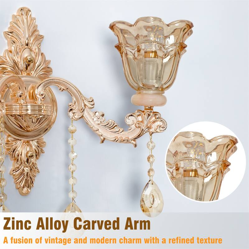 Antique Gold Crystal Wall Sconce Glass Flower Lampshade with Beveled Clear Crystals