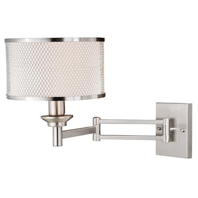 Polk Plug-In Satin Nickel Swing Arm Wall Lamp Gray Linen Drum Shade - 10-in W x 11.5-in H x 21.75-in D