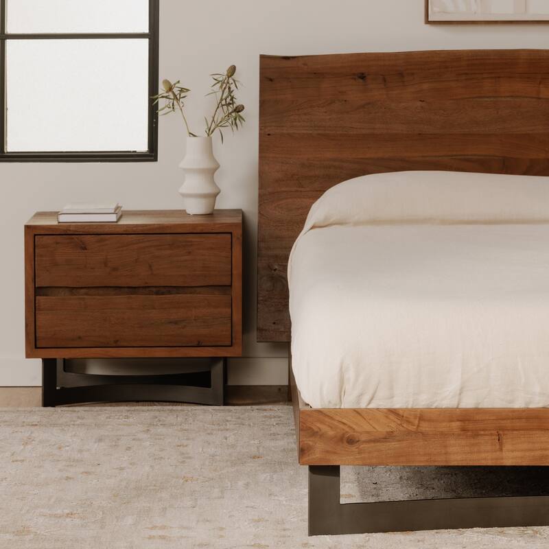 NADAAL STUDIOS Ellis, Nightstand Solid Acacia with Iron Legs, Live-Edge Finish, Natural