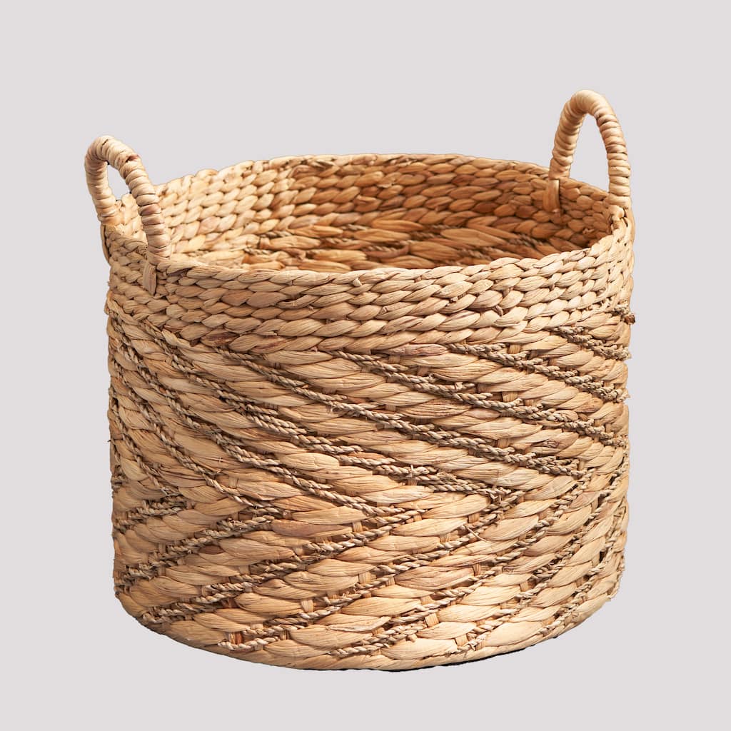 Round Water Hyacinth Seagrass Woven Basket with Handles - 15" x 15" x 11.8" - For Clothes, Towels, Canvas, Toys