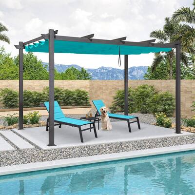 PURPLE LEAF Gazebo Outdoor Retractable Modern Yard Metal Pergola w Lounge Chairs w Side Table