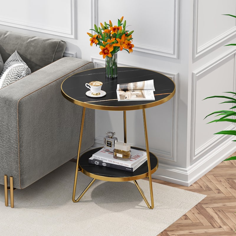 Modern End Table Round Side Table Nightstand Bedside Table - Gold & Black