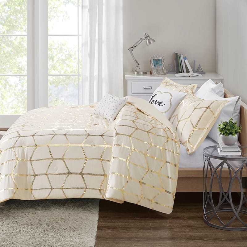 GDF Studio - Raina Metallic Printed Comforter Set with Decorative Pillows