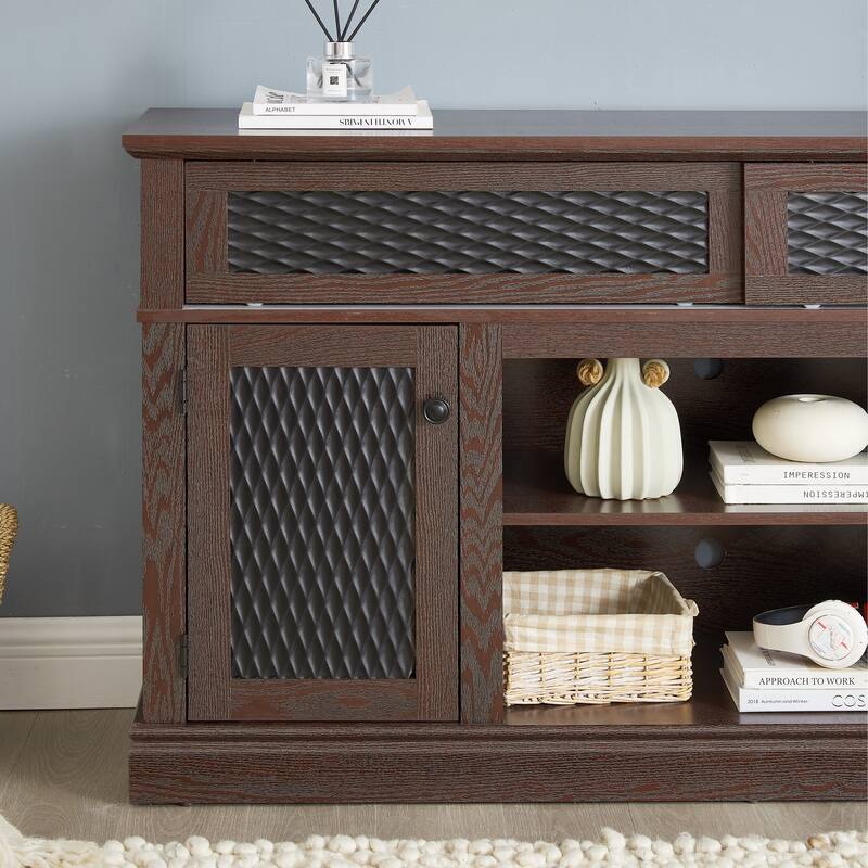 Embossed Pattern TV Stand, TV and Media Console with Open and Closed Storage Space and sliding door