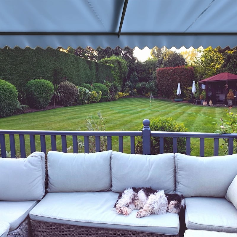 ALEKO Caribbean Motorized Retractable Patio Awning - Black Frame - Sky Blue - 13 x 10 Feet