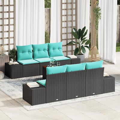 vidaXL 7 Piece Garden Sofa Set with Cushions Black Poly Rattan Acacia - 94.1×24.4×27.2