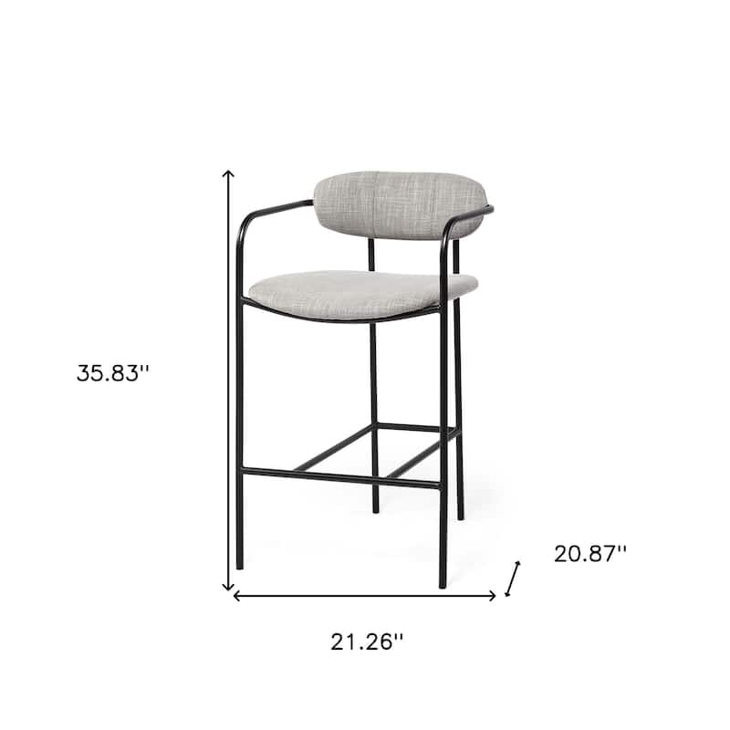 Light Grey Upholstered Counter Height Bar Chair with Black Metal Frame and Armrests - 21.26” L x 20.87” W x 35.83” H