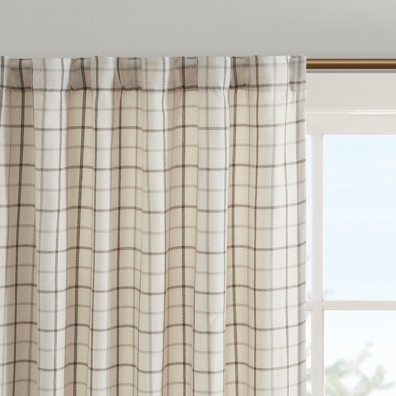 Plaid Rod Pocket and Back Tab Curtain Panel with Fleece Lining Natural 50x95"
