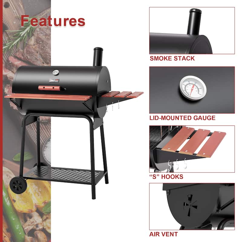 Royal Gourmet Charcoal Grill with Wood-Painted Side and Front Table