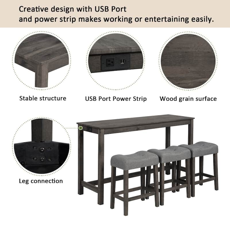 Modern Rubber Wood 4-piece Bar Table Set with Power Outlet and 3 Padded Stools