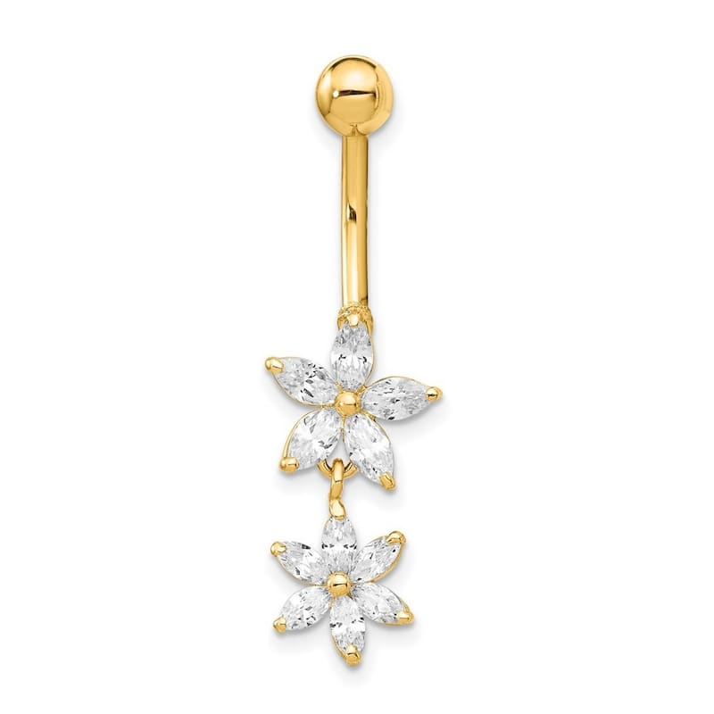 Curata Solid 14k Yellow Gold Cubic Zirconia 10mm 2-flower Dangle Belly Ring (10mm x 20mm)