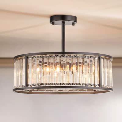 4-Light Mid-Century Modern Black Drum Crystal Semi-Flush Mount Light - 16.9 in. W x 5.7 in. H