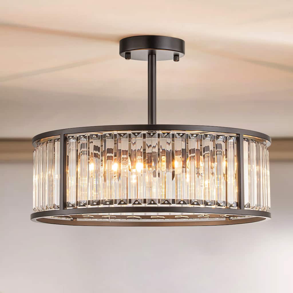 4-Light Mid-Century Modern Black/Gold Drum Crystal Semi-Flush Mount Ceiling Light