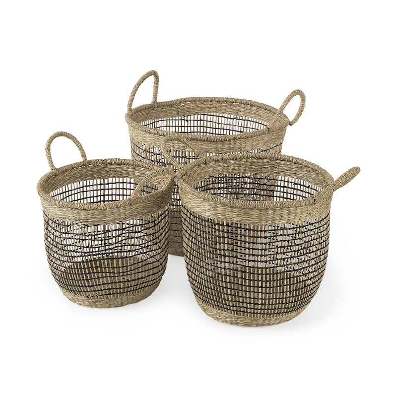 Set of Three Light Brown Storage Baskets - 15.748" W x 15.748" D x 13.3858" H - Brown - 15.748" W x 15.748" D x 13.3858" H