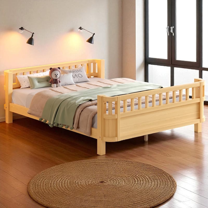 Wood Platform Bed with Guardrails & Detachable Fence, Twin/Full/Twin XL/Queen Size Kids Bed, Safety Design, No Box Spring - Natural - Full
