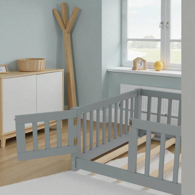 Twin/Full/Queen Size Wood Floor Bed with Door and Guardrails for Kids, Montessori Bed with Removable Slats