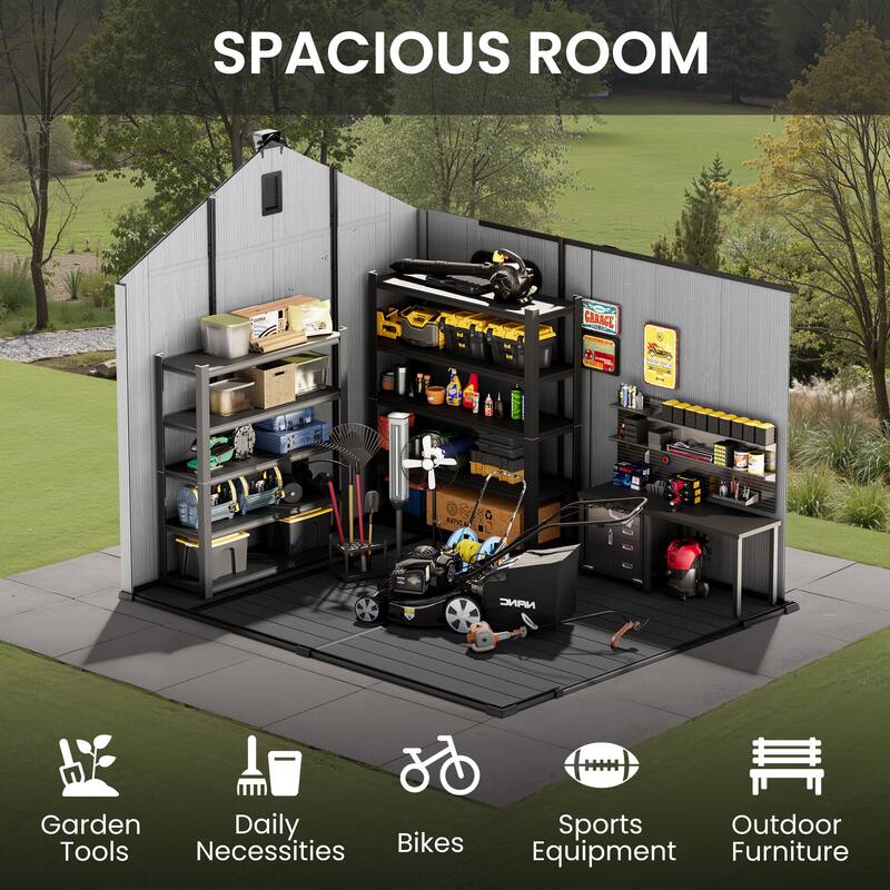 8' x 8' / 8' x 10'/ 8' x 12' Outdoor Resin Storage Shed with Floor & Lockable Doors All-Weather Garden Tool Storage for Patio