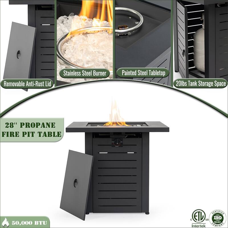 28" Propane Square Steel Gas Fire Pit with 50000 BTU