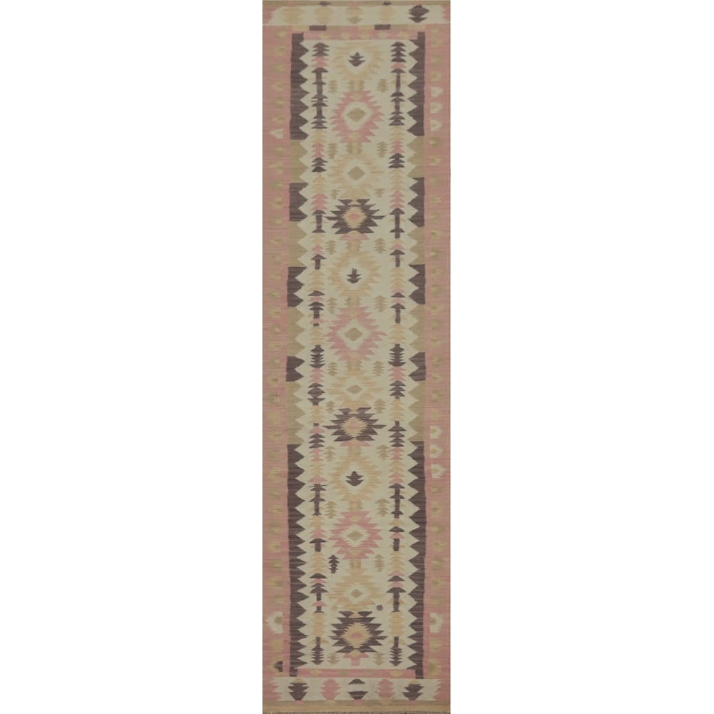 Hand Woven Oriental 100% Wool Carpet Southwestern Tribal Beige & Ivories Kilim Runner Rug - 12' 10'' X 2' 7''