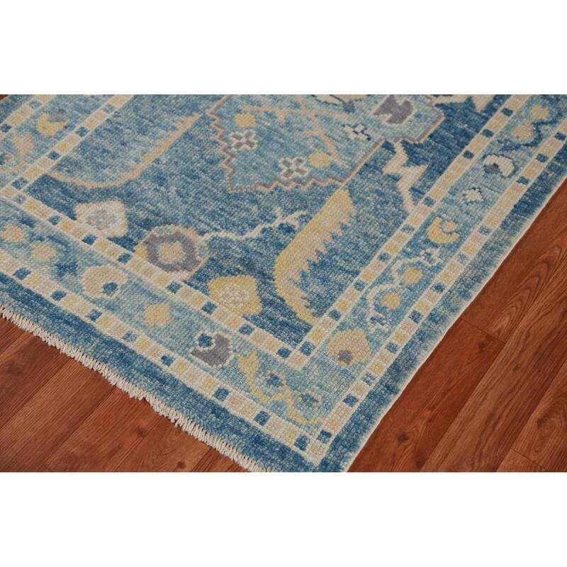 Hand Knotted Oriental 100% Wool Carpet Transitional Geometric Navy Blue & Blues Oushak Runner Rug - 14' 4'' X 2' 10''