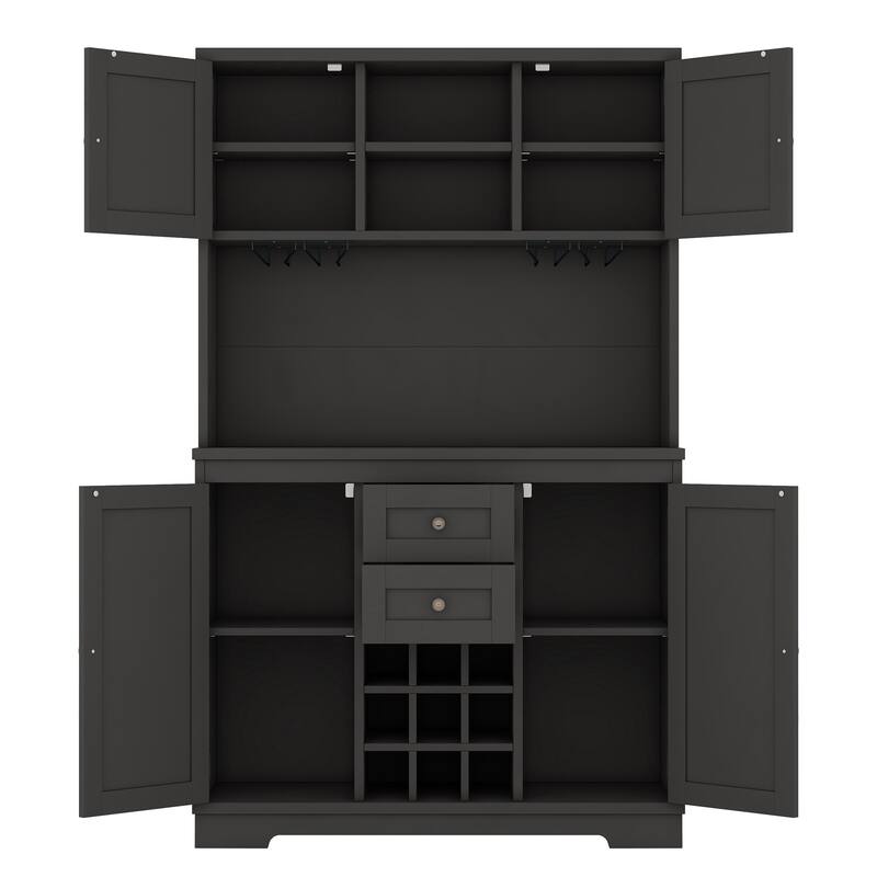 Roomfitters Farmhouse Coffee Bar Cabinet with Wine Storage, Buffet Sideboard with Glass Racks and Shelves