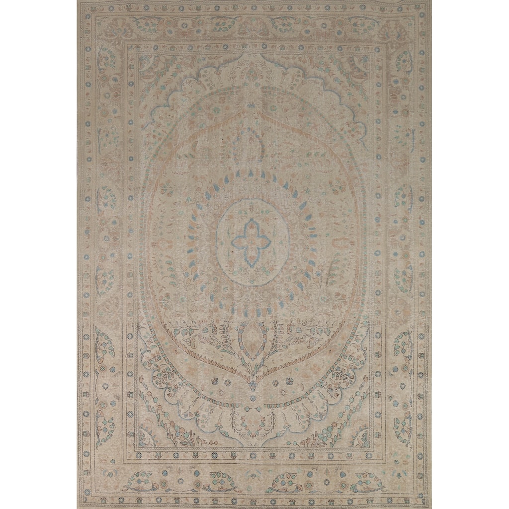 Floral Tabriz Persian Area Rug Beige Handmade Wool Carpet - 7'9"x 11'1"