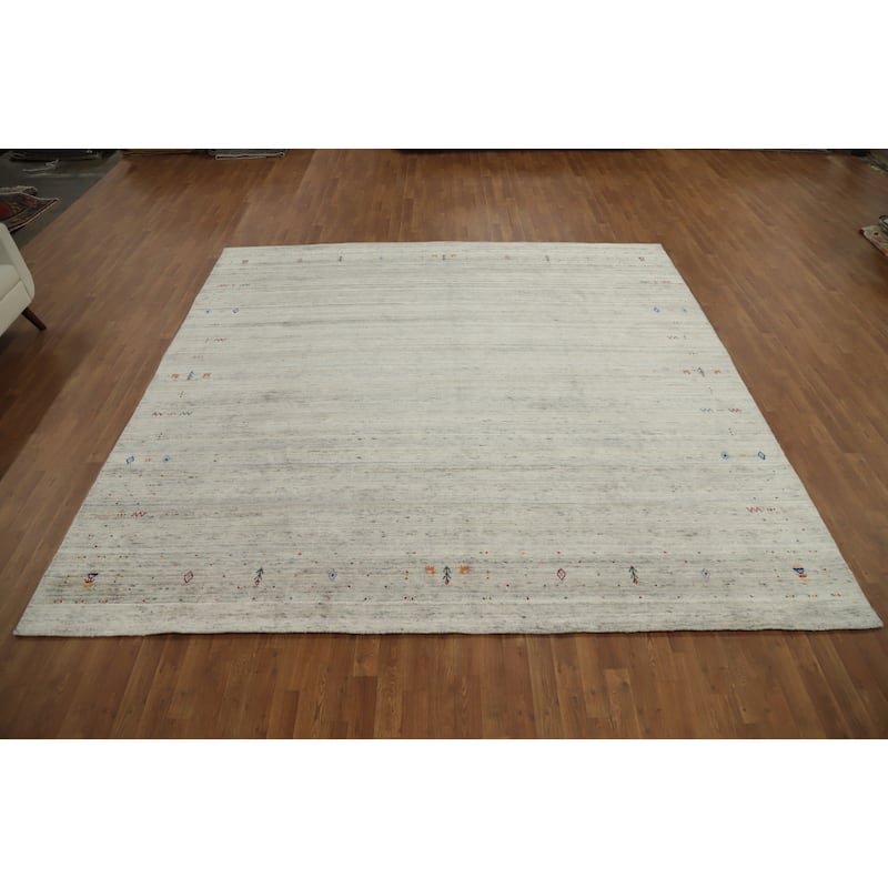 Hand Knotted Oriental Viscose Silk Carpet Tribal Animal Pictorial Beige & Ivories Gabbeh Area Rug - 9' 11'' X 10' 2''