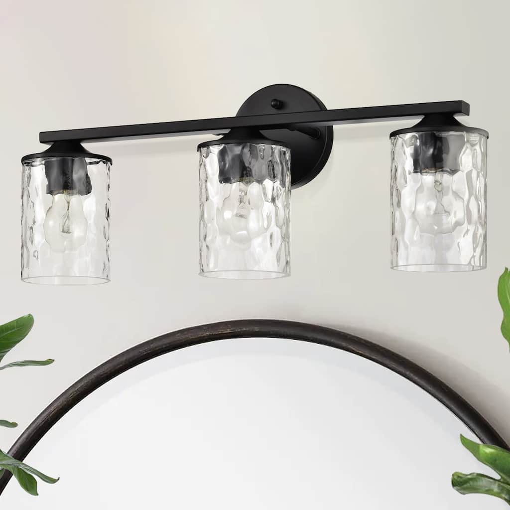 Matte Black/Brushed Nickel/Gold 3-Light 21 in. Vanity Light with Hammered Clear Glass Shades