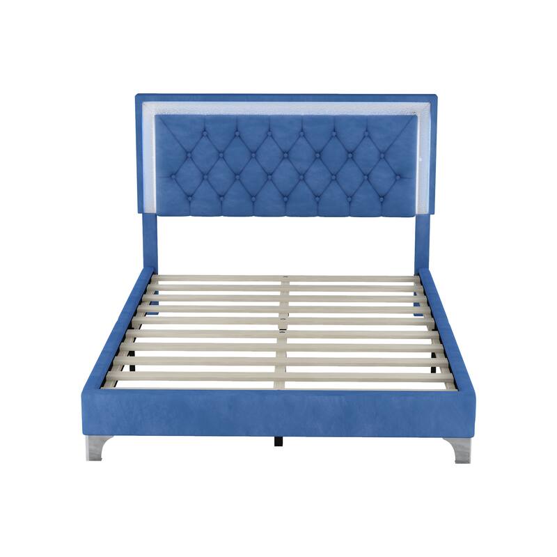 Upholstered Bed Frame with LED Lights and Tufted Headboard