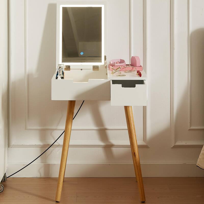 Small Makeup Vanity Table, Dresser Desk With 2 Drawers,Flip Top Mirror Organizer,Makeup Dressing Table