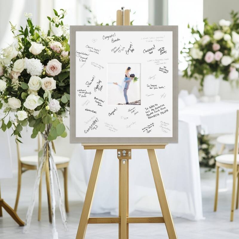 Woodgrain Signature Mat Picture Frame - Autograph Photo Frame Guest Book Alternative for Weddings, Graduations, or Retirement - 8x10 - Woodgrain Stripe Grey