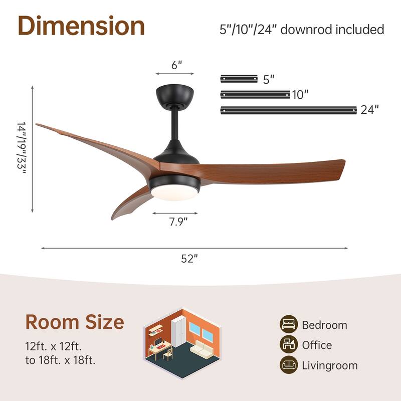 Sofucor 52 Inch Ceiling Fan with Light Remote Control,Airflow 6000CFM 3-Timer with ABS 3 Blades Reversible DC Motor