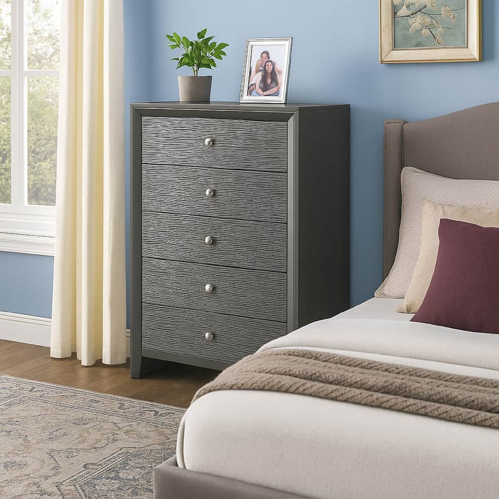 Deny Tall Dresser Chest, 5 Drawers, Silver Round Knobs, Metallic Gray Wood