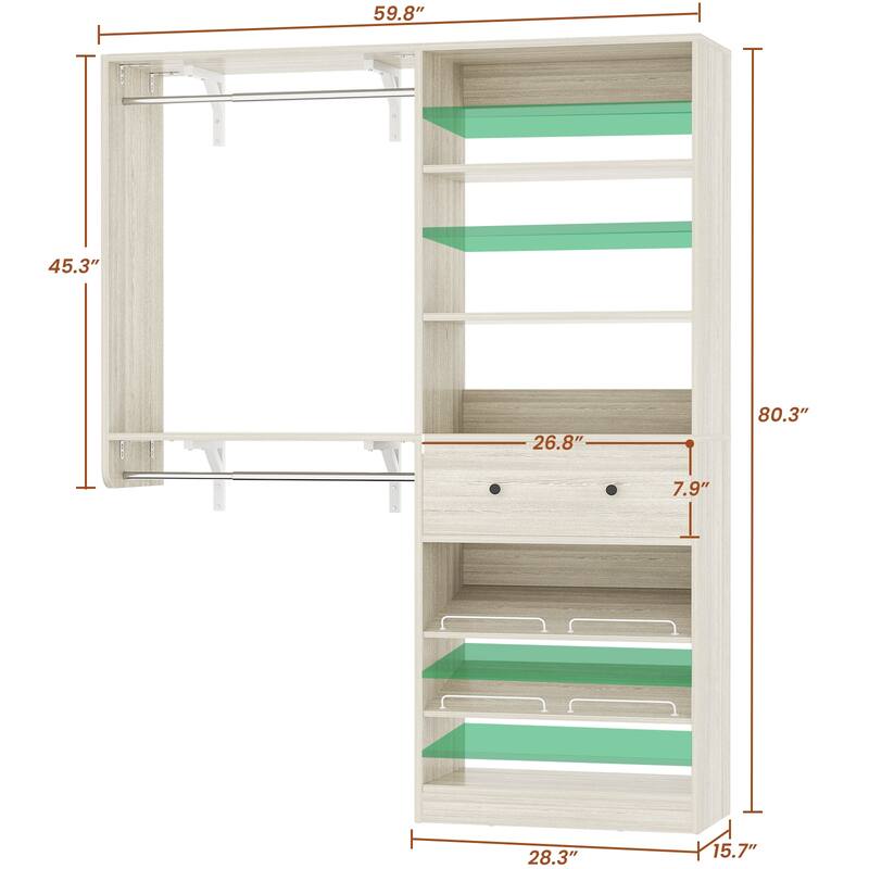 5FT Wood Closet System with 2 Hanging Rods ＆ Adjustable Shelf,Reversible Walk In Closet Organizers with Shoe Rack ＆ Drawer
