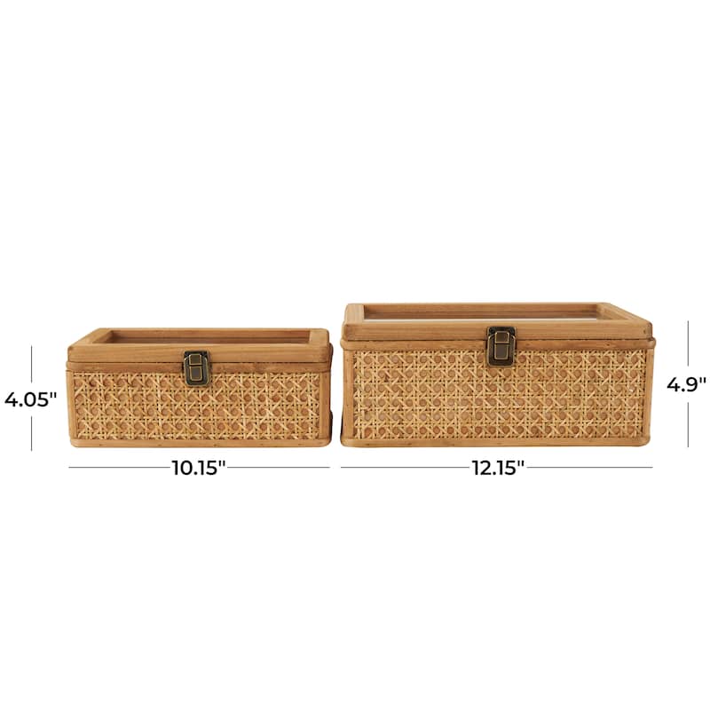 Brown Rattan Handmade Woven Rattan Decorative Box with Glass Tops and Bronze Latches (Set of 2)