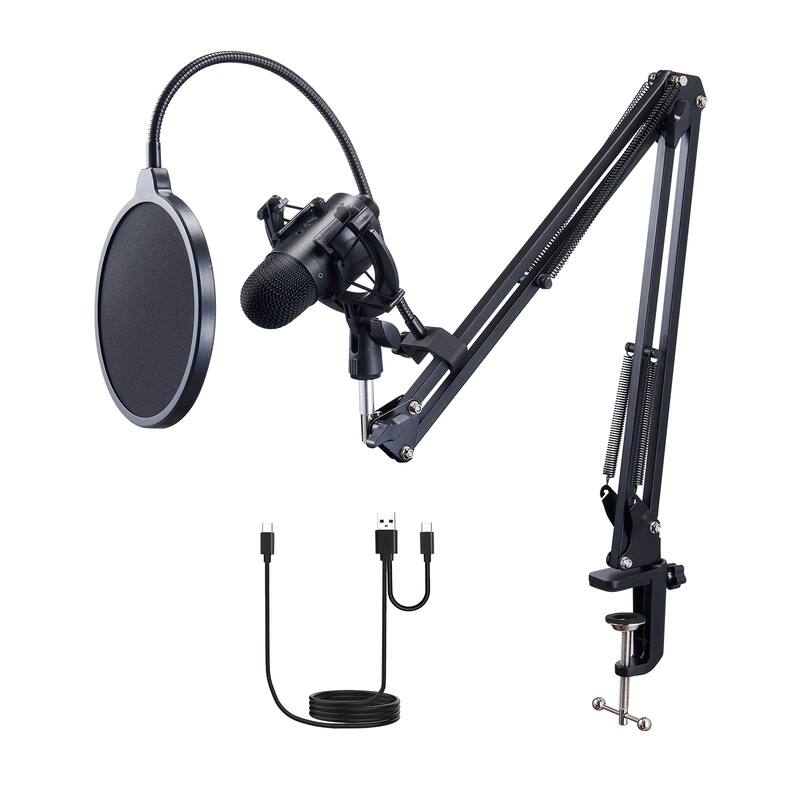 USB Microphone, 192 kHz/24-bit, Professional Condenser Microphone Kit with Boom Arm Stand Pop Filter Shock Mount - no Lighting