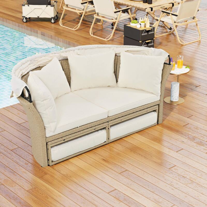 Outdoor Wicker Rattan Double Daybed with Retractable Canopy