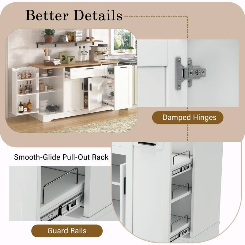 Multi-Functional Storage Sideboard & Extendable Dining Table with Adjustable Shelves, 3-Tier Pull-Out Rack