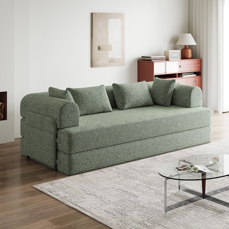 Chenille Floor Lounge Couch Convertible Sleeper Sofa Bed Folding Mattress with Cylindrical Pillow, Side Pocke and Metal Frame