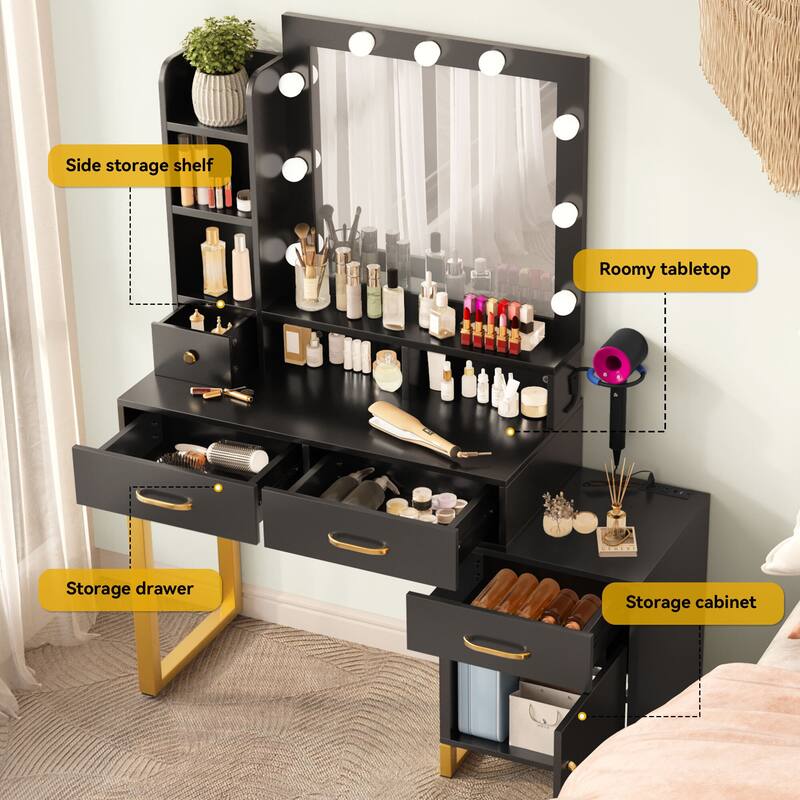 42.1" Mirror Makeup Vanity Table with Stool and Mirror Bulbs - 42.1''L x 15.3''W x 53.9''H