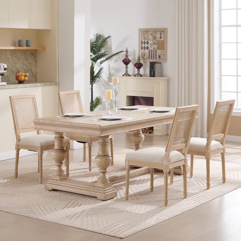 French Country Dining Chairs Set of 2, Upholstered Chairs with Nature Rattan Square Back, Wire drawing and carving techniques